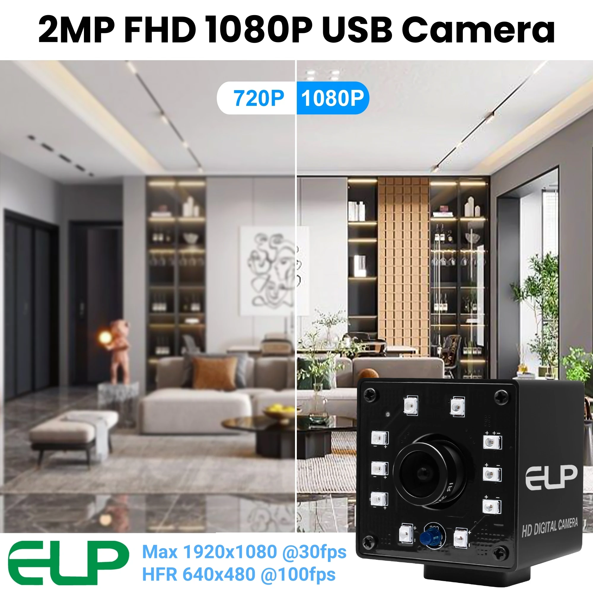 ELP 1080P IR Infrared Day Night Vision USB Camera 3.6mm Lens VGA@100fps Security Camera 2MP UVC for 3D Printers/Pet Monitoring