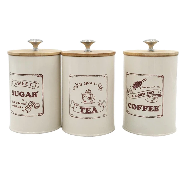 Powder Coated Tea Coffee Sugar Canisters Stainless Steel Coffee Canister Food Canister With Bamboo Lid