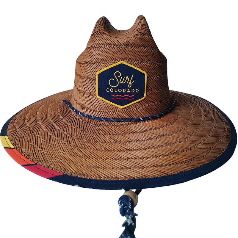Outdoor Beach Straw Lifeguard Sun Hat with Adjustable Chin Cord