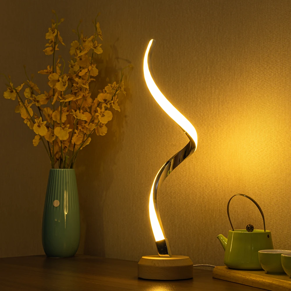 Spiral Design LED Table Lamp Bedroom Bedside Night Light, 3 Colors Bedside Lamps of Natural Beech, 1.3m USB Cable, 5W 250LM Nigh