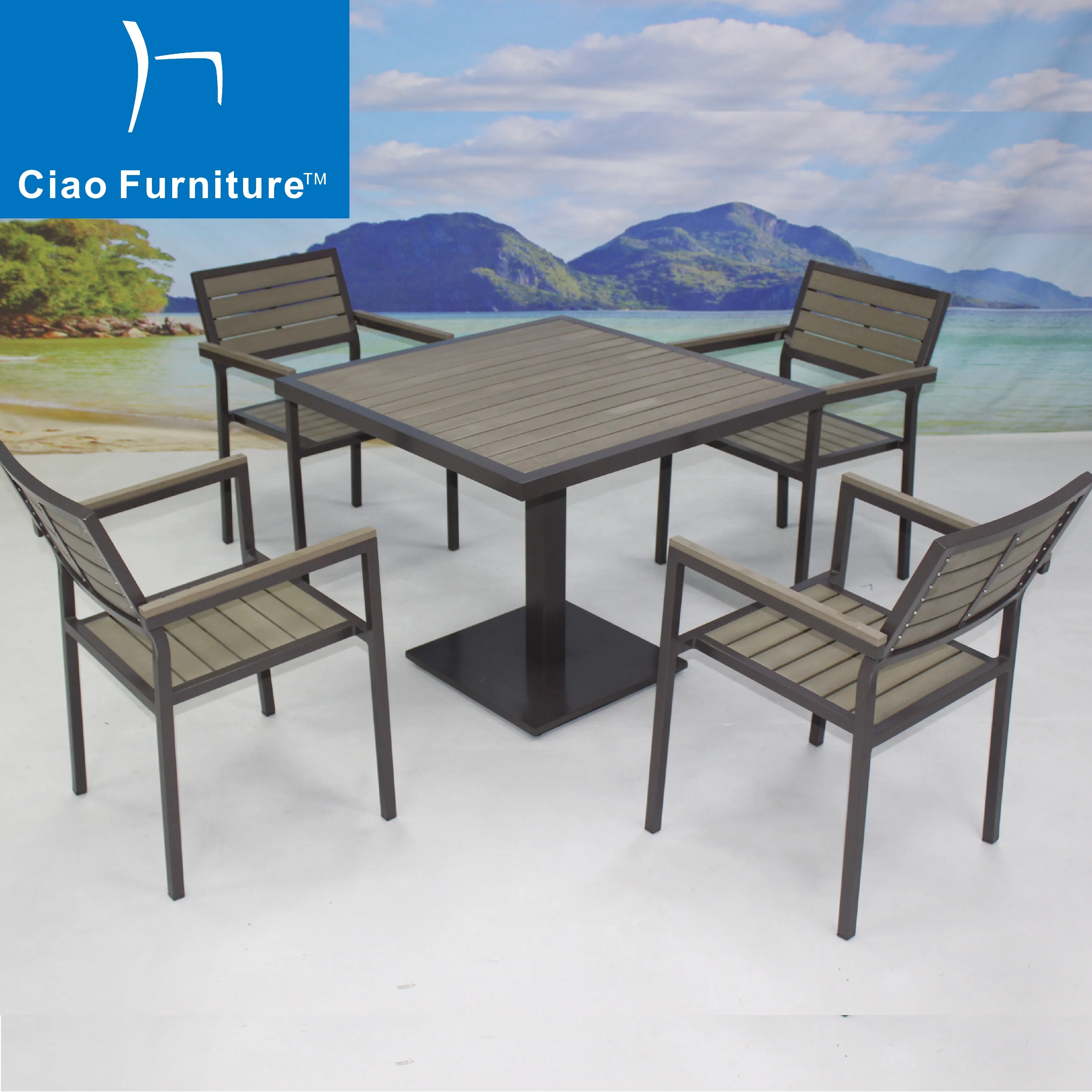 Hot Selling Outdoor Restaurant Terrace Furniture Faux Wood Patio Dining Table and Chair Set