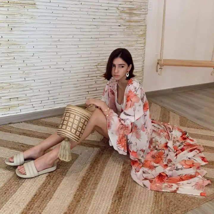 2022 New Women Straw Ring Belt Printed One Piece Swimsuit and Flared Sleeve Chiffon Cover Up Floral Print Beachwear Swimwear