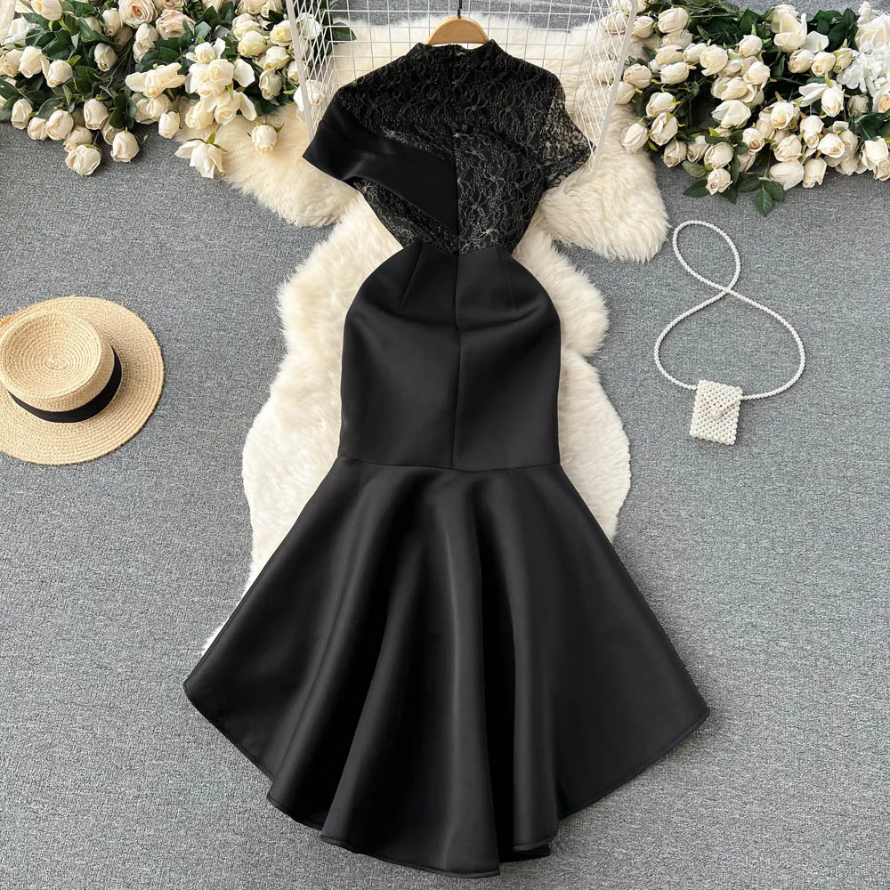 Custom sexy lace embroidery patchwork irregular dress women short sleeve Fanny pack hip black evening black dress