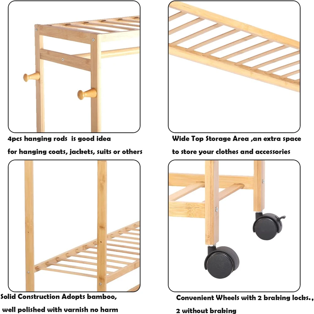 Three-in-one hanging space with wheel design is sturdy and beautiful bamboo clothes shelf