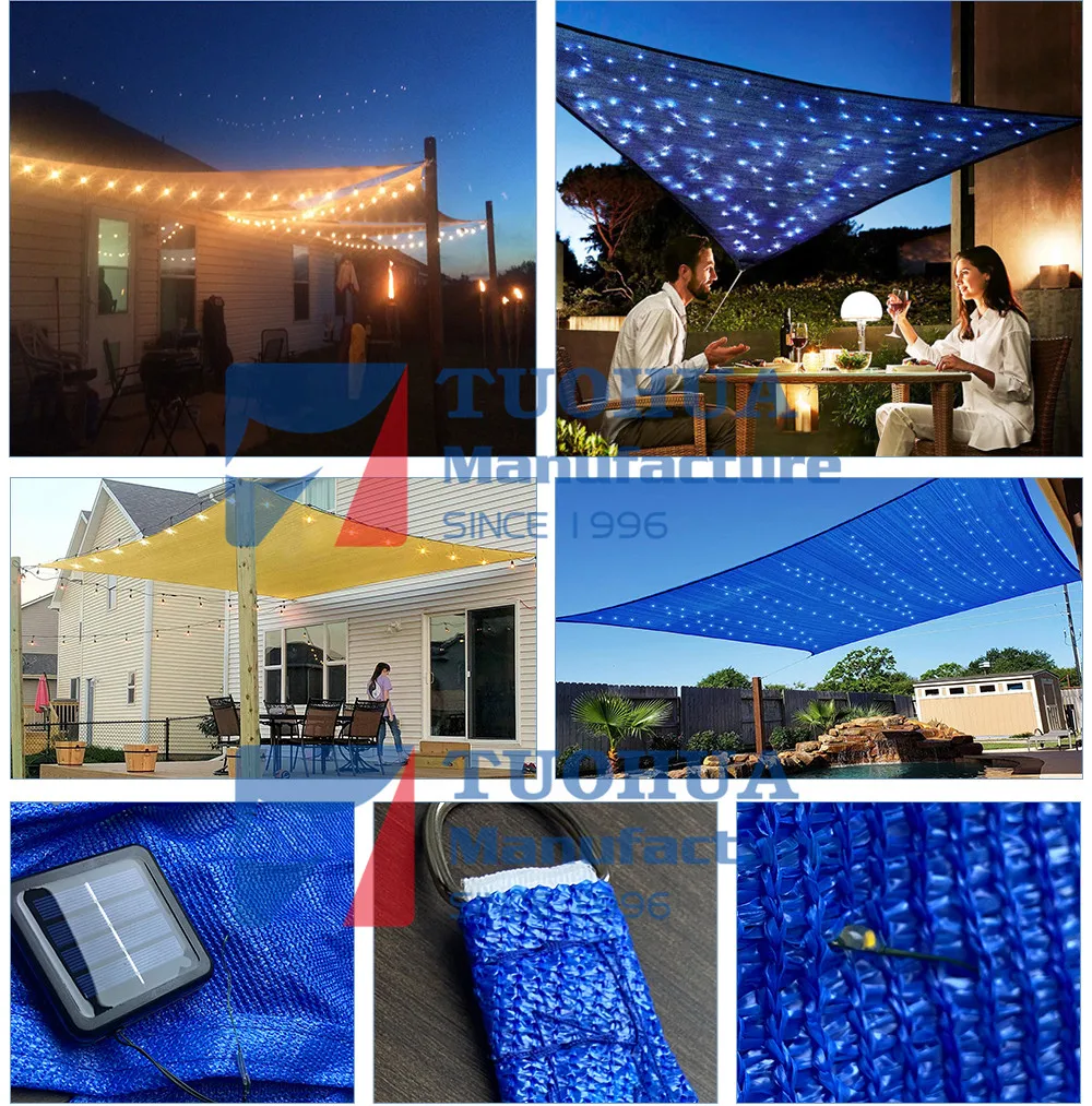 professional factory design romantic and beautiful Patio Outdoor Garden LED light HDPE shade sail