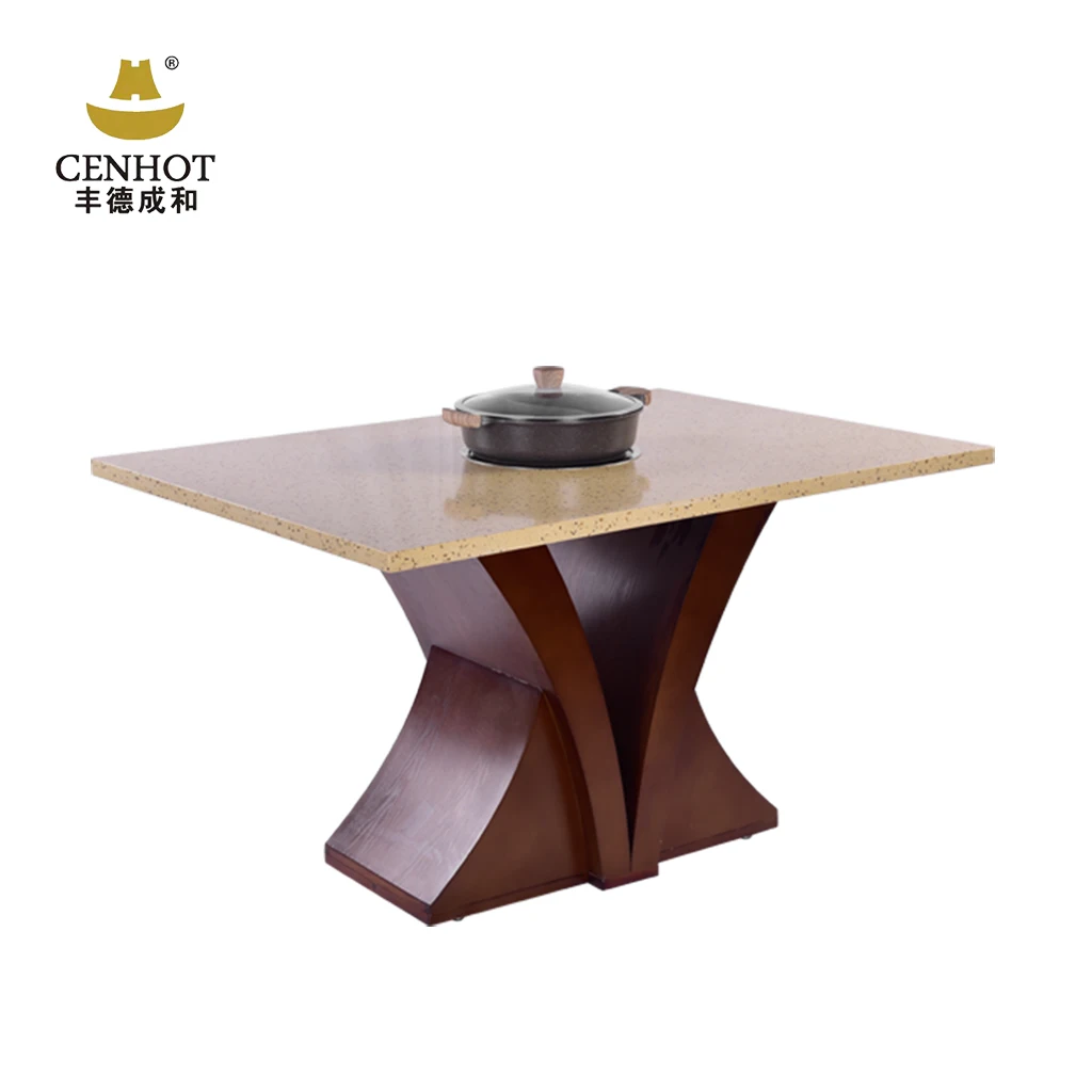 Cenhot Commercial Modern Wooden Granite Marble BBQ Grill And Hot Pot Table For Restaurant