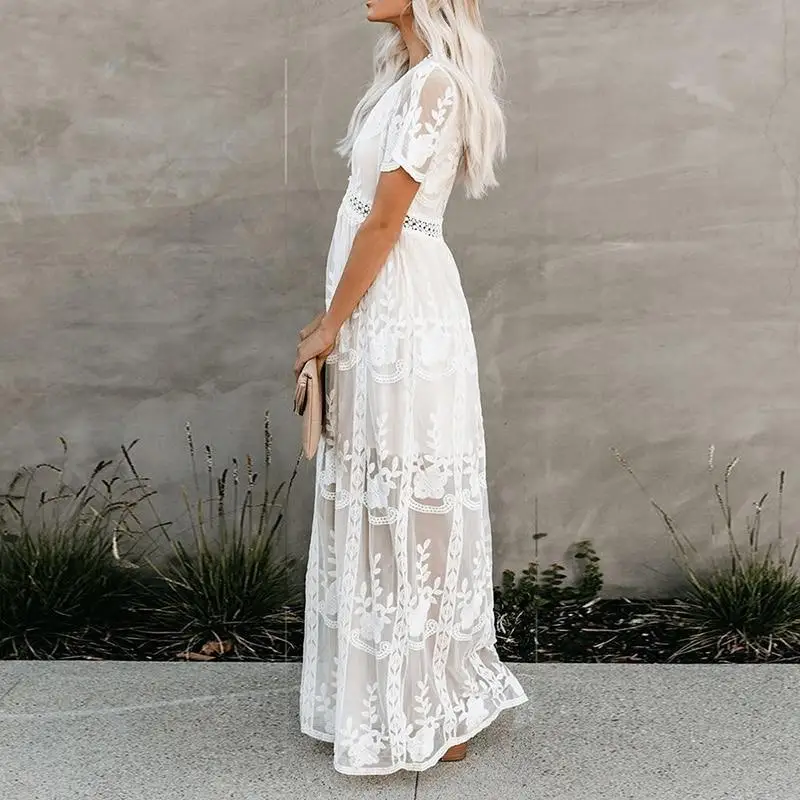 2022 Summer Boho Women Maxi Dress Loose Embroidery White Lace long Tunic Beach Dress Vacation Holiday Women Clothing