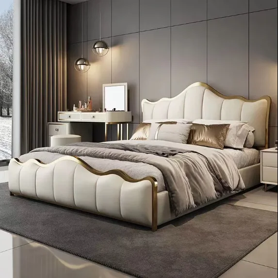 Cheap Nordic Bedroom Furniture Luxury bed Queen Platform King Size Fabric Metal Canopy Bed Modern Soft Bed B-85 Twin Wood