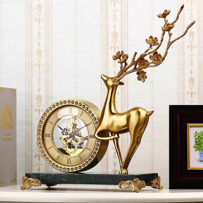 Modern Home Decor Metal Plum Deer Statue Art Desk Table Clocks Brass 3D Desktop Deer Gold Clock