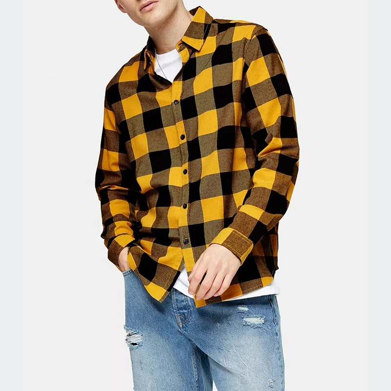 
Men Orange Buffalo Plaid Check Slim Fit Flannel No Faded 100% Cotton Causal Style Shirt 