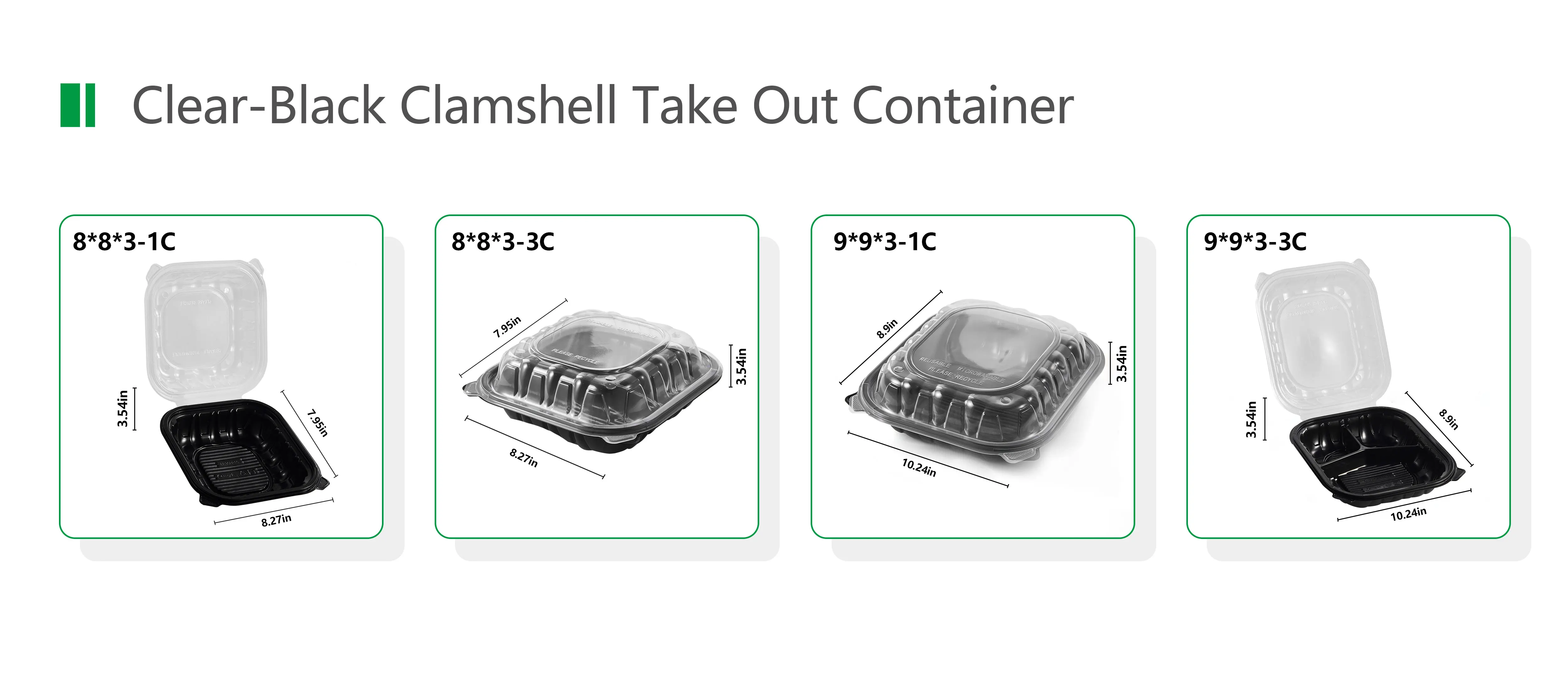 FULING 8X8' 1-Compartment Clamshell To Go Containers Double Color Black Clear Plastic Food Container With Hinged Lid