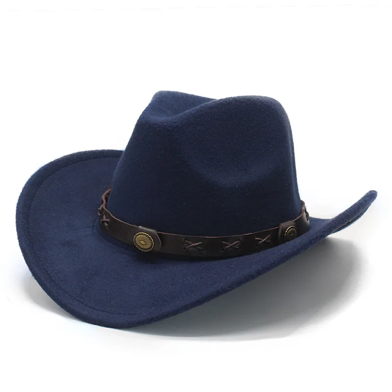 Men wool felt cowboy hat roll up brim fedora hat with PU ribbon