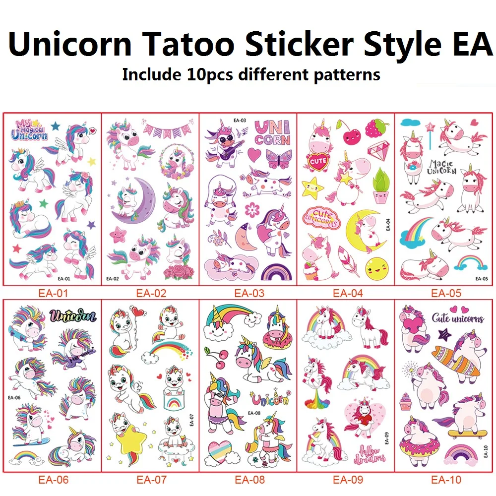10Pcs/Set Child Tattoo Sticker Unicorn Princess Temporary Fake Kids Tatoo Girl Arm Hands Body Waterdichte Tatouages Pour Enfants
