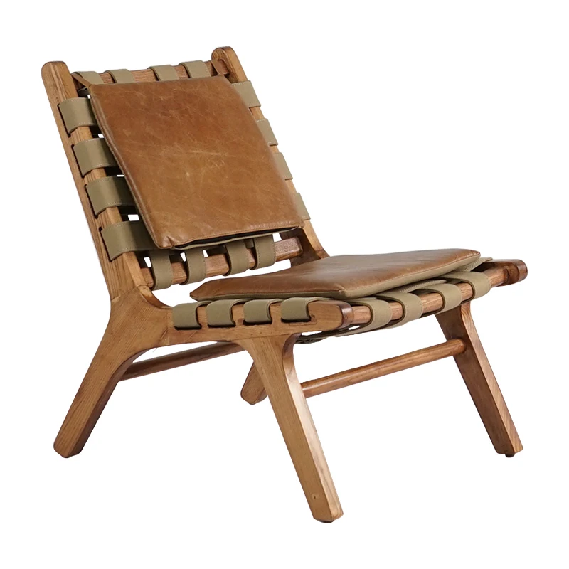 Nordic wood leisure chair genuine leather seat living room furniture lounge chair