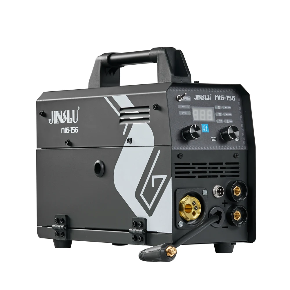 JINSLU 150A Multi-Process Welder, Gas/Gasless, MIG/Flux Cored/Lift TIG/Stick ARC, Synergic Control, Dual Voltage 110/220V