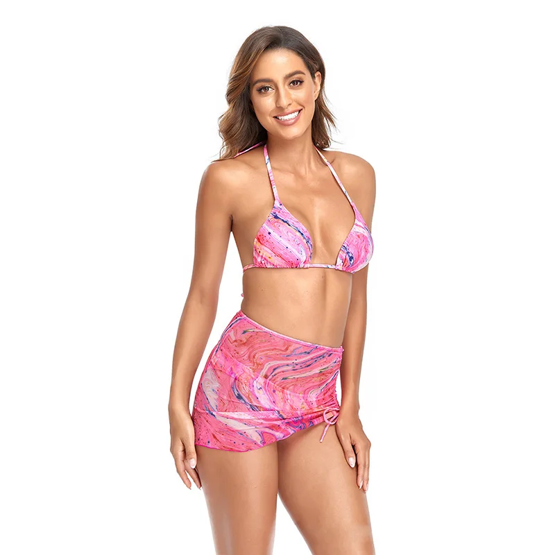 Pink wave 3pcs swimwear transparent mini skirt cover up micro g string bathing suit 2022 thong bikini