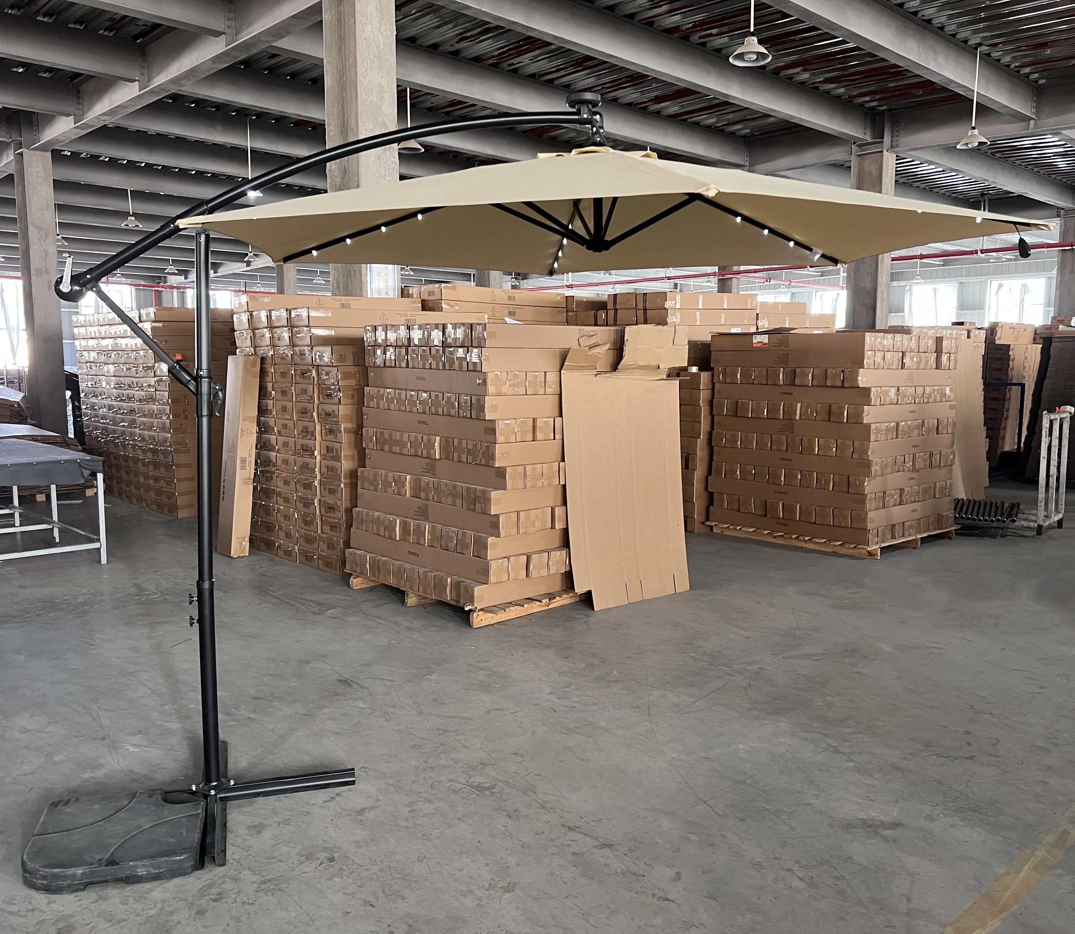 Uplion Cantilever Solar Patio Umbrella with Outdoor LED Lights, Crank, and Cross Base, Fancy Parasols