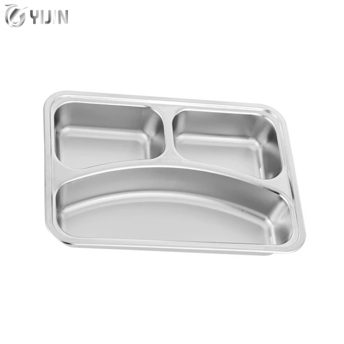 School canteen home 3 compartment food container bento divided plate stainless steel food tray for kid