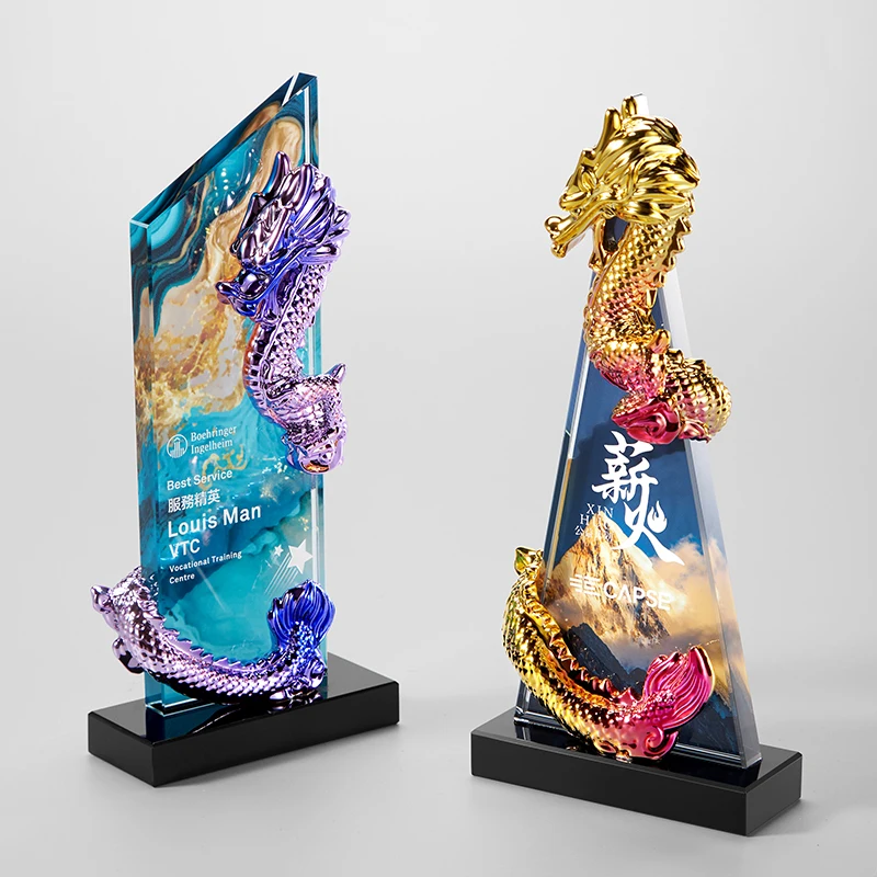 2024 eurovision Decoration large Chinese Gold Dragon champion Trophy cup award Zodiac Crystal Dragon Trophy customized with base
