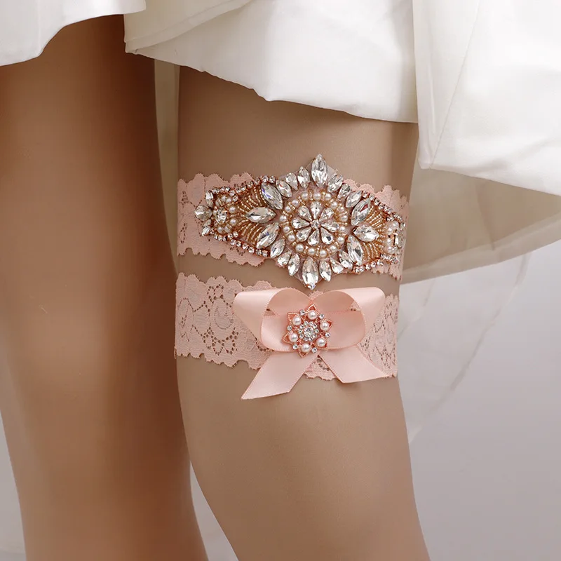Sexy Bow Ribbon Crystal Rhinestones Wedding Garter Belt  Lace  Elastic Thigh Leg Bridal Garter
