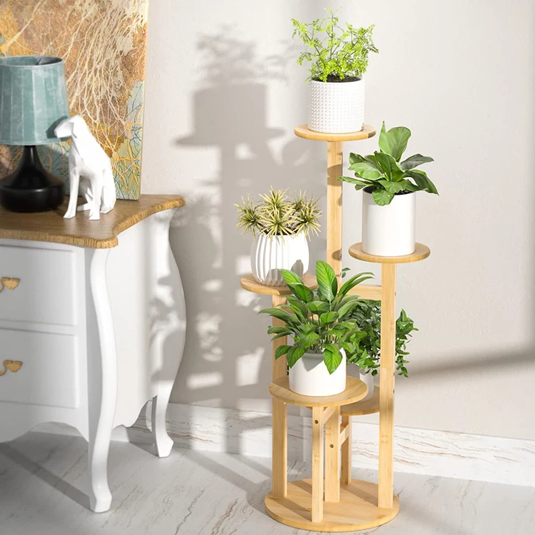 Wholesale Modern 5 Tier Tall Indoor Outdoor Corner Large Bamboo Display Flower Rack Shelves Plant Pot Stand, flower pot shelf