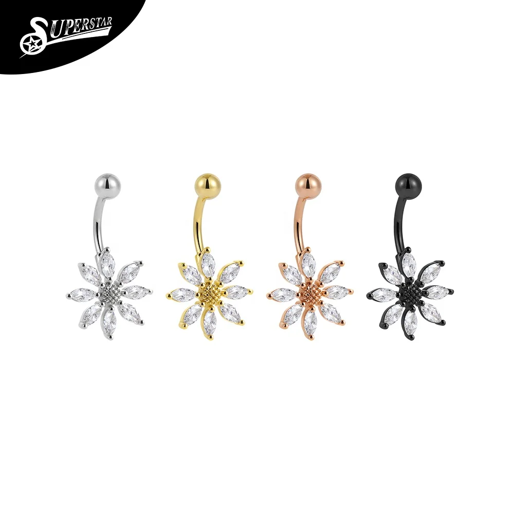 Superstar 316L stainless steel belly button ring flower shape copper accessories pendant white rhinestone navel piercing jewelry