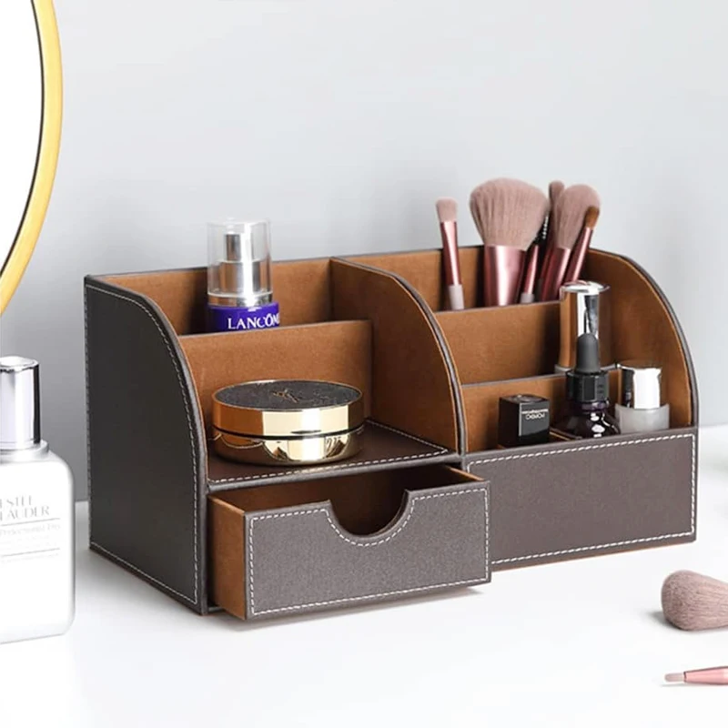 Mens Leather Desk Organizer Office Stationery Storage Box Organizer Holds Business Card Pen Pencil Mobile Phone Desk Supplies