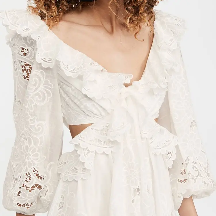Scallop ruffle Mini Dress women balloon sleeve cotton open back white sexy v neck dress