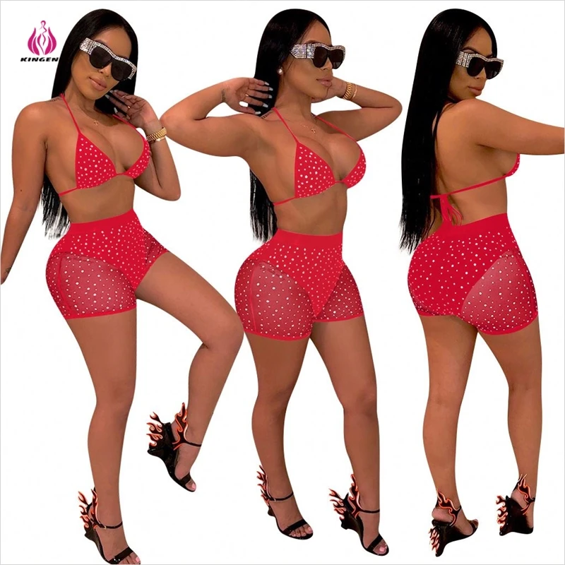 
KG3411 2021 New Summer Mature Women Two Piece Swimsuits cover up beachwear Sequin Mesh Bikini Swimwear Sexy 