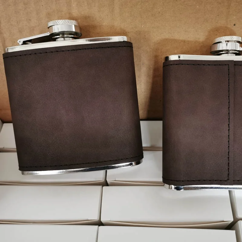 
wholesale hennessy stainless steel 6oz Custom Engraved Brown Leather Hip Flask 