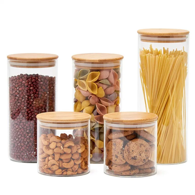 manufacture Home usage Clear Glass spice jar Borosilicate glass storage jar with bamboo lid for tube shaped