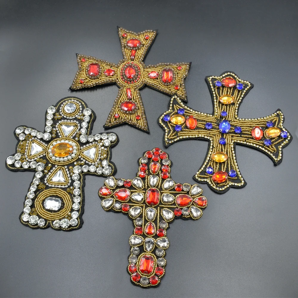 Small MOQ Jesus cross design heavy handmade beaded patch cool diamond beads rhinestone patches for clothing