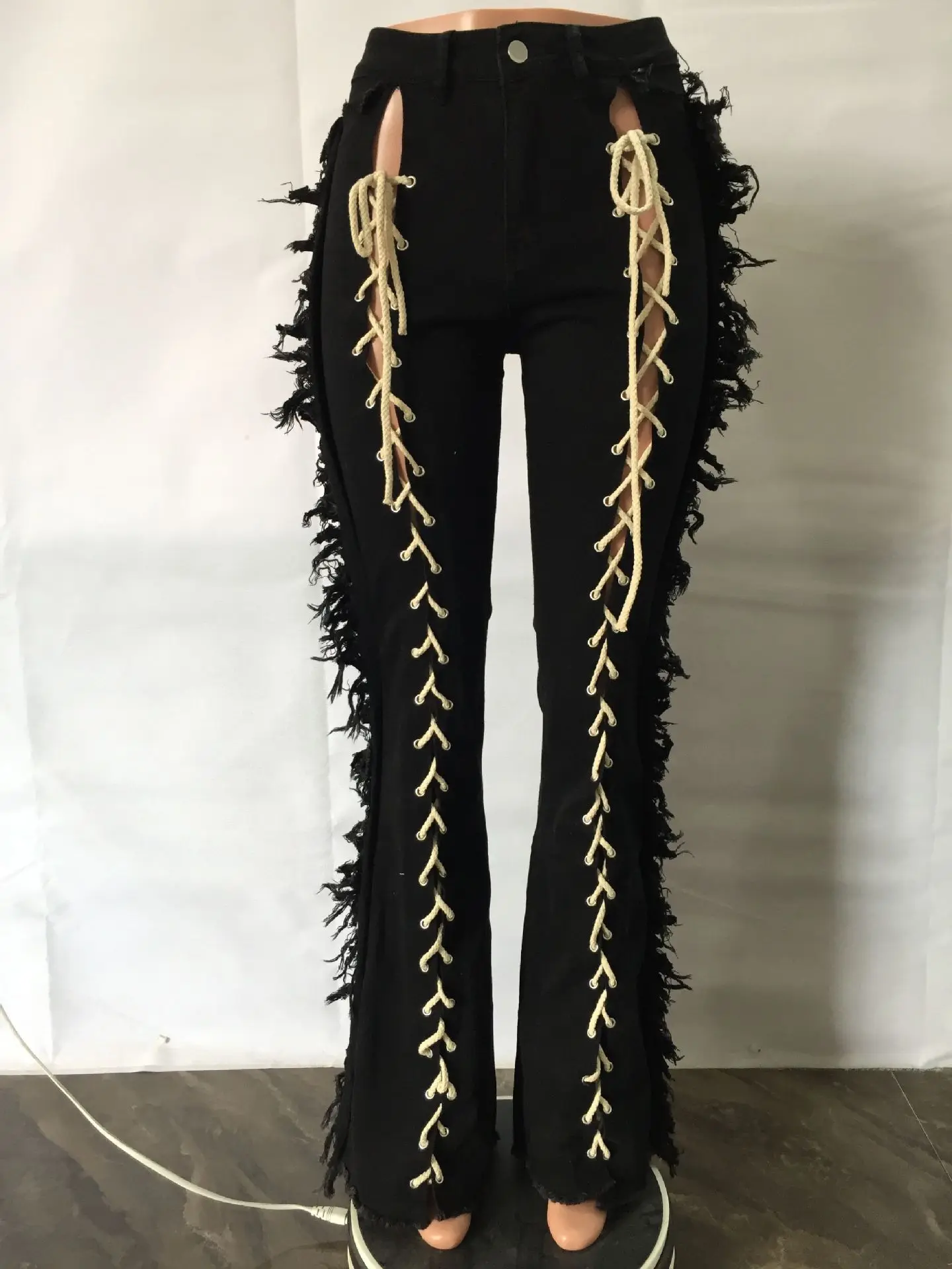 2022 Summer Denim Pant Sexy Hollow Out Clothing Plus Size Women Trouser Fashion Bandage Fringe Pant Lady Outdoor Cargo Jeans