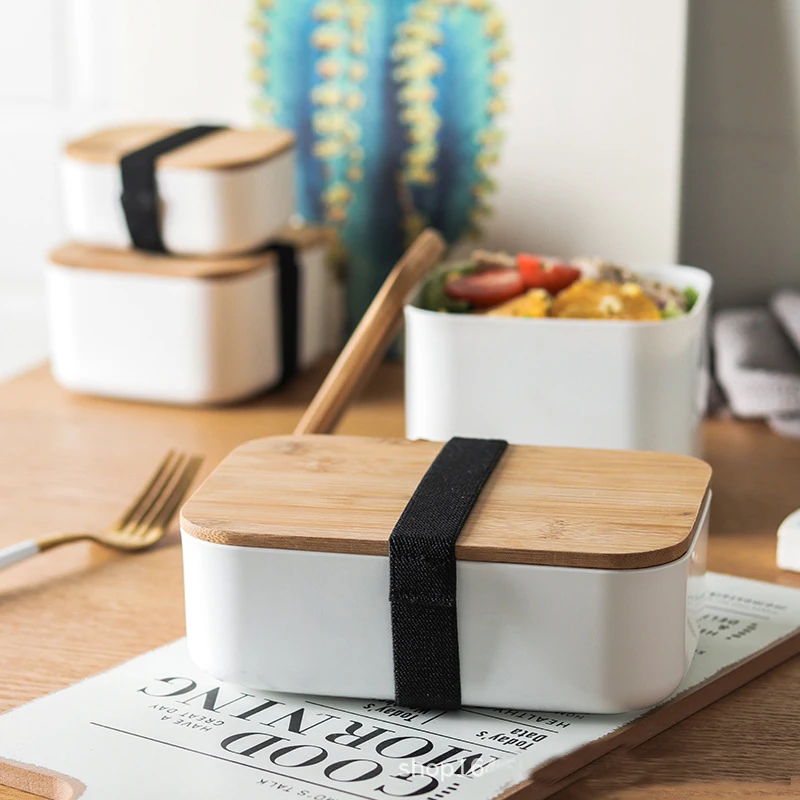 Пластиковый контейнер bento в японском стиле с деревянной крышкой портативный детский Ланч-бокс для пикника