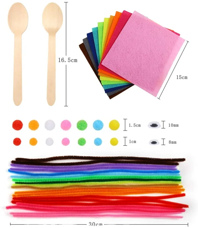 
10 Sets Wooden Spoons Kit including Pipe Cleaner-Poms-Felt- Wiggle Eyes-Feather-Origami Paper and Acrylic Flatback Rhinestones 