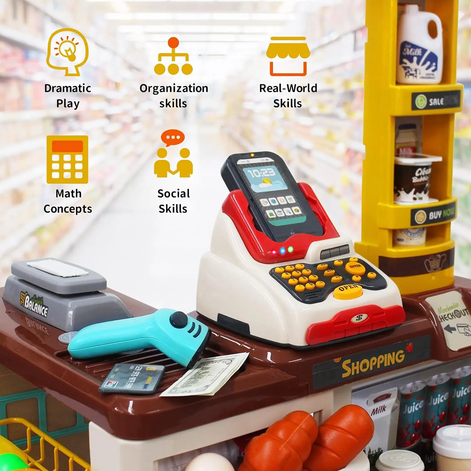 48PCS Supermarket Play Set Kids Grocery Store Pretend Play Role Market Stall Toy Shop with Shopping Cart Cash Register Toys