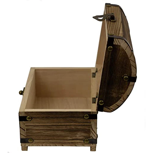 Decorated retro wooden treasure chest in natural wood-burning style with decorative metal profile and metal hinges