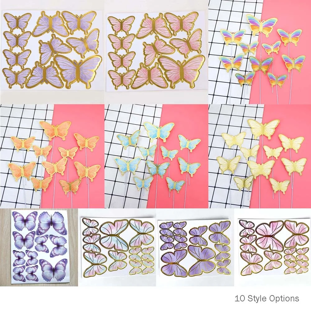 10 Pcs/Pack 3D Bronzing Butterfly Paper Cake Topper Toppers Decor for Wedding Birthday Holiday Party Cupcake Decoration Supplies