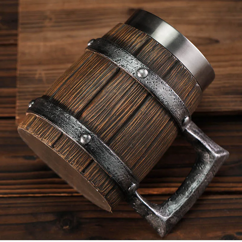 New Vintage Style 20 oz Germany Wood Barrel Double Wall Coffee Beer Cups Wooden Stainless Steel Handmade Resin Coffee Mug
