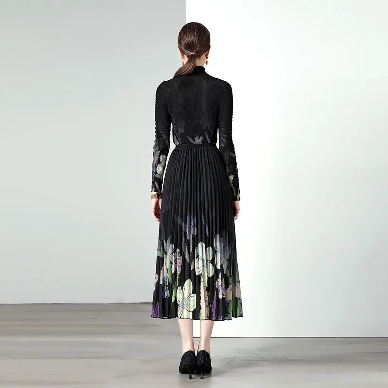 women clothing dress Miyake Pleated Print Ladies Blouse Set Pearl chiffon Pleated Skirt Two Piece Set