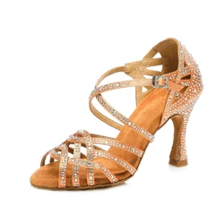 Brown Rhinestone Dance Shoes Women Salsa Ballroom  High Heel Latin dance shoes