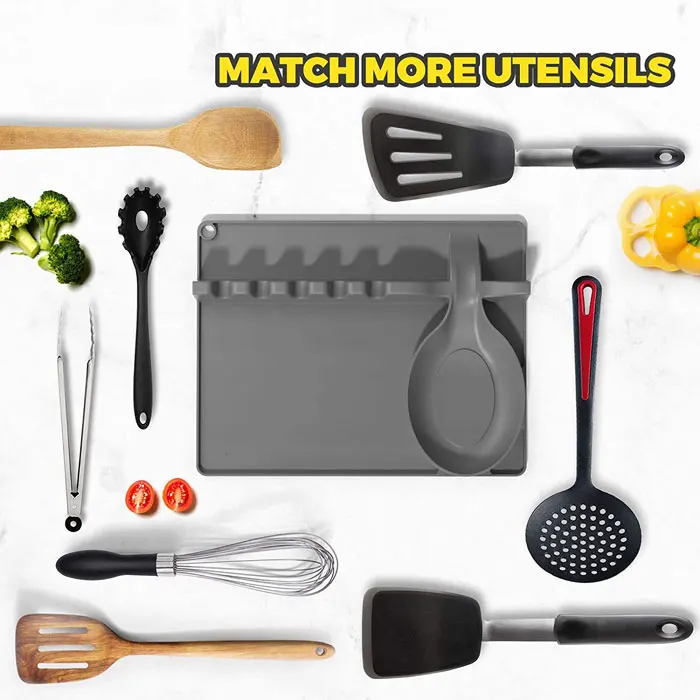 New Silicone soup spoon holder 2 in 1  Silicone Spoon Rest for Stove Top, Upgraded Utensil Rest with Drip Pad Include 5 Slots &