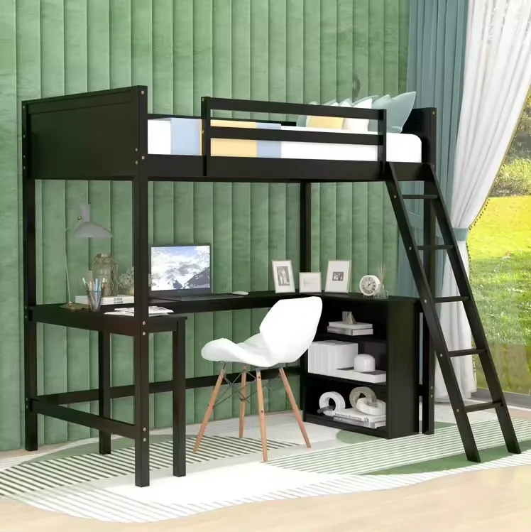 Twin Loft Bed with Built-in-Desk and Storage Side Cabinet Children Wooden Bunk Bed Kids Bunk Bed