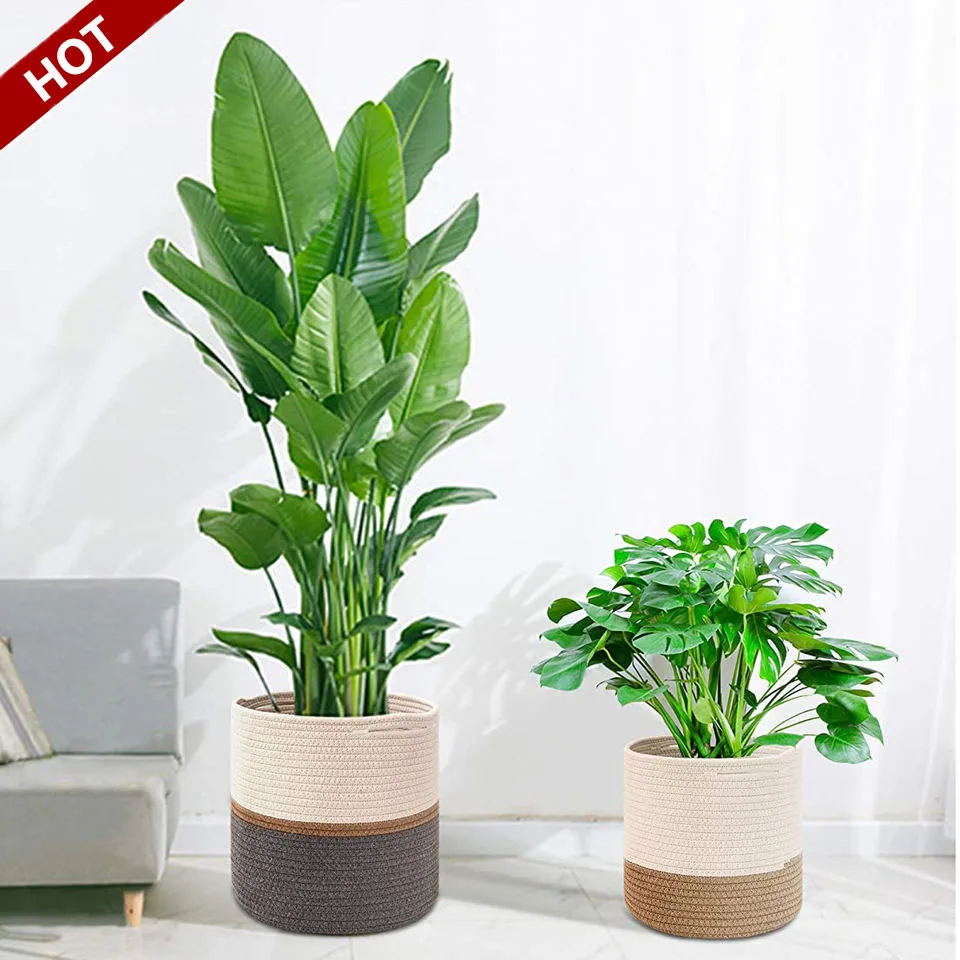 Wholesale discount product custom plant basket woven home decor woven plant basket cotton rope basket with handles