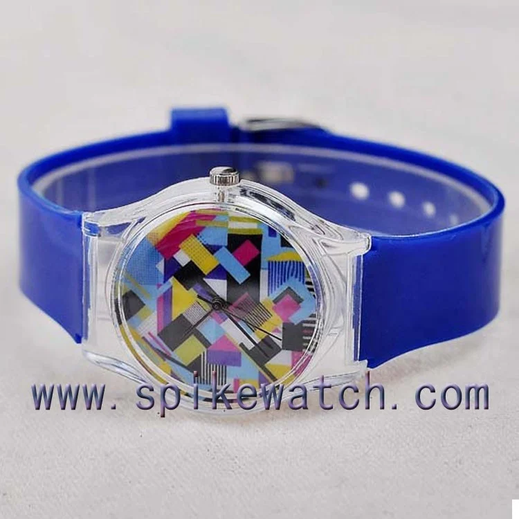 Lady vogue custom beautiful printing dial face transparent case plastic watch