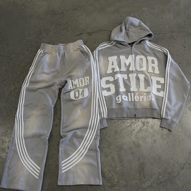 Custom Distressed Patch Embroidery Vintage Acid Wash Sweatsuit Hoodie And Straight Leg Flared Sweatpants Track Suit For Men