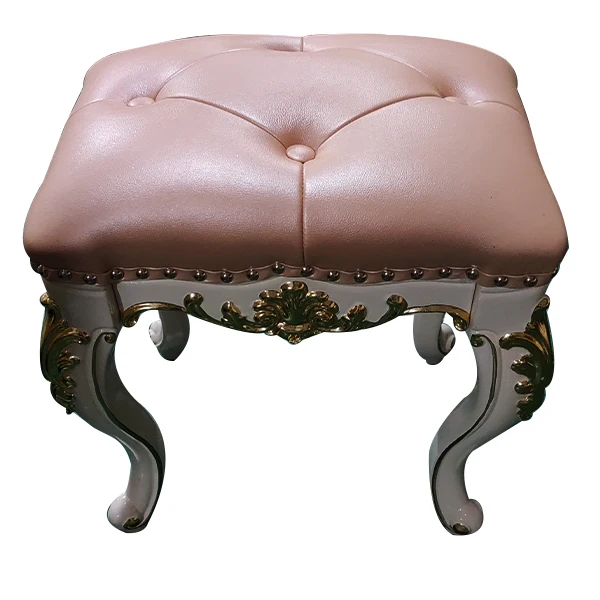European luxury classical style wooden high stool set carved solid wood frame genuine leather bedroom furniture bed stool