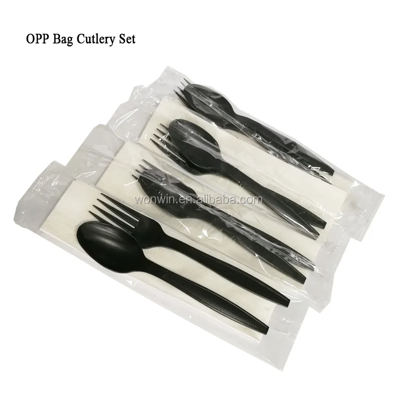 disposable takeaway black cutlery sets fork spoon napkin with opp bag for salad