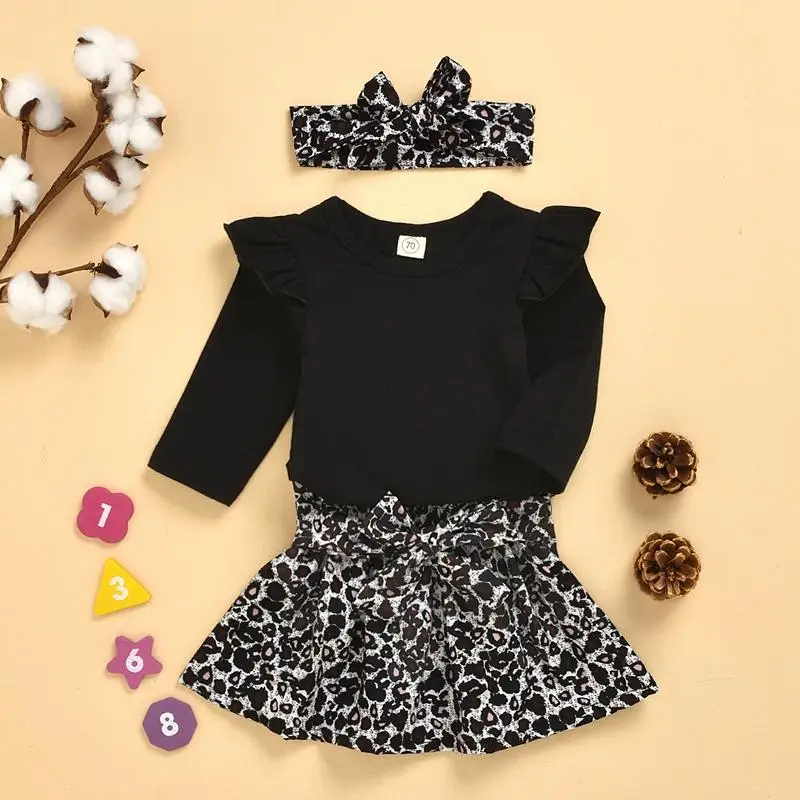 
Autumn Solid Bodysuit and Leopard Dress with Headband Set 
