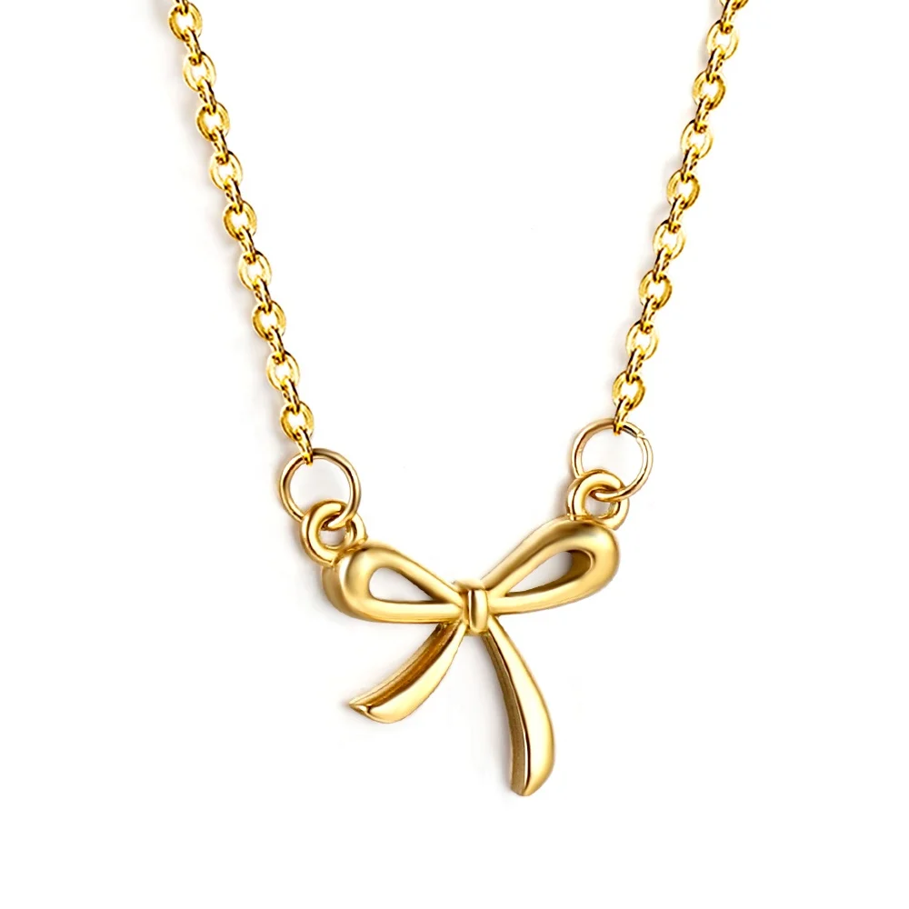 Non Tarnish Waterproof Trend Korean Jewelry Plated 18K Gold Necklaces Fine Stainless Steel Bow Necklace